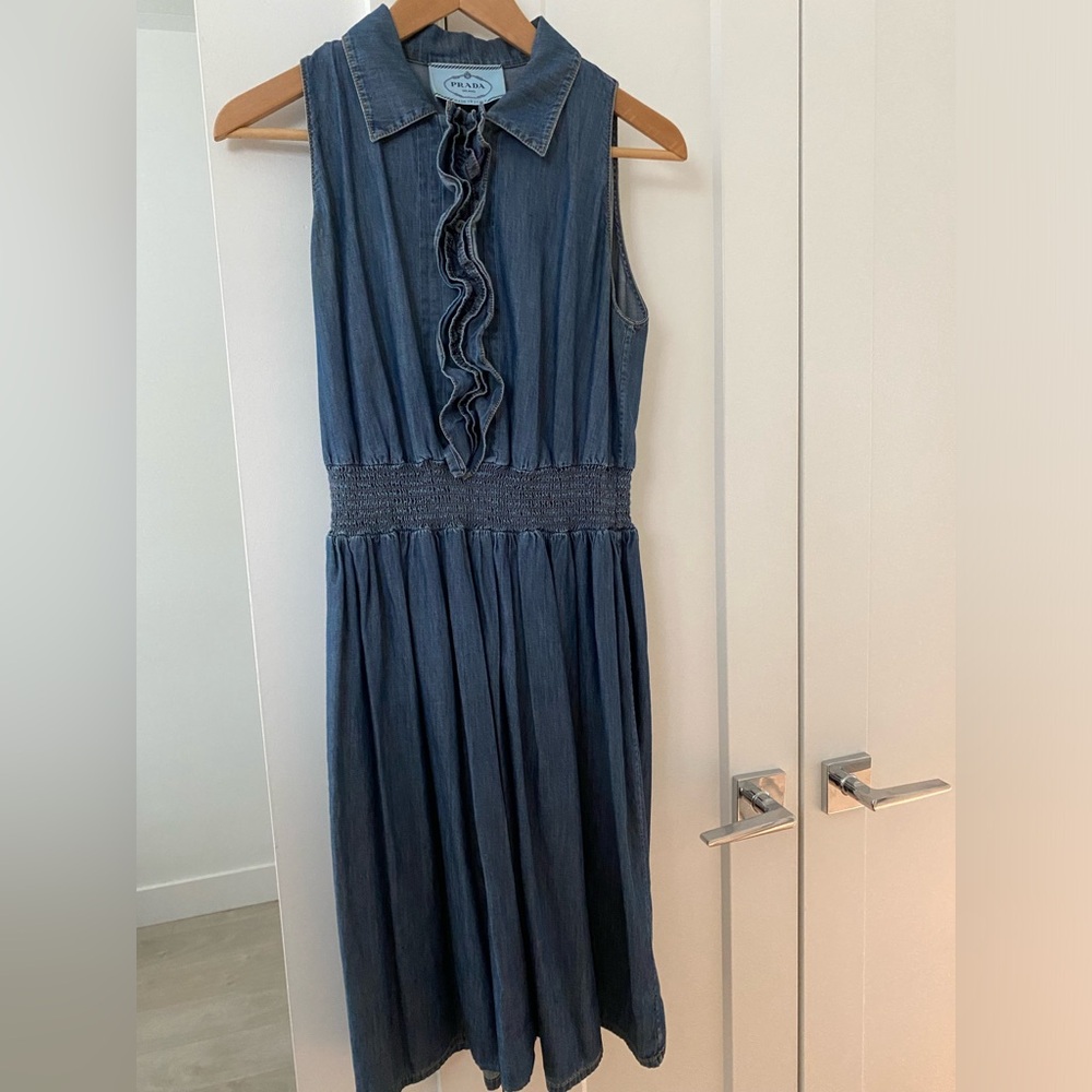 PRADA denim dress with removable ruffle for versatility